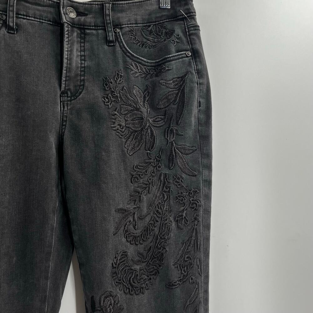 Chico’s So Slimming Girlfriend Flare Black Embroidered Jeans Boho Western Grunge - Picture 6 of 13